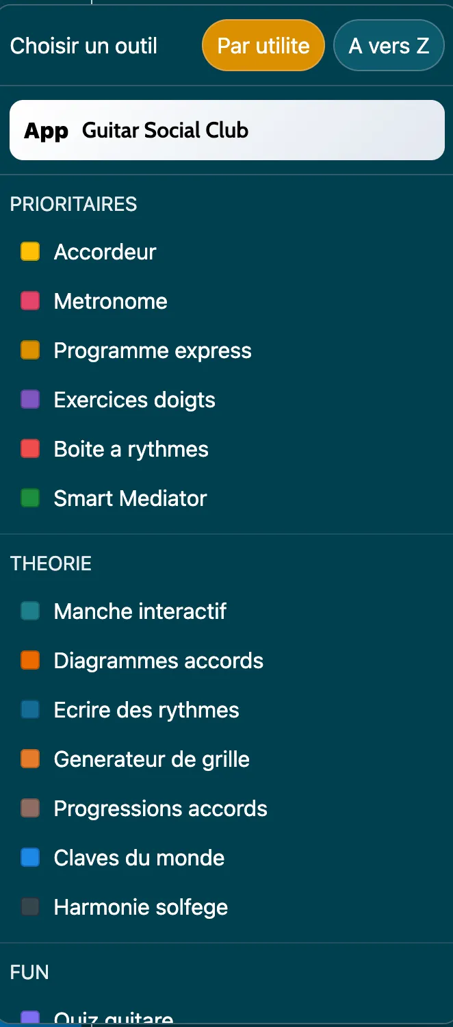 Menu du Guitar Planner — choix d'activités