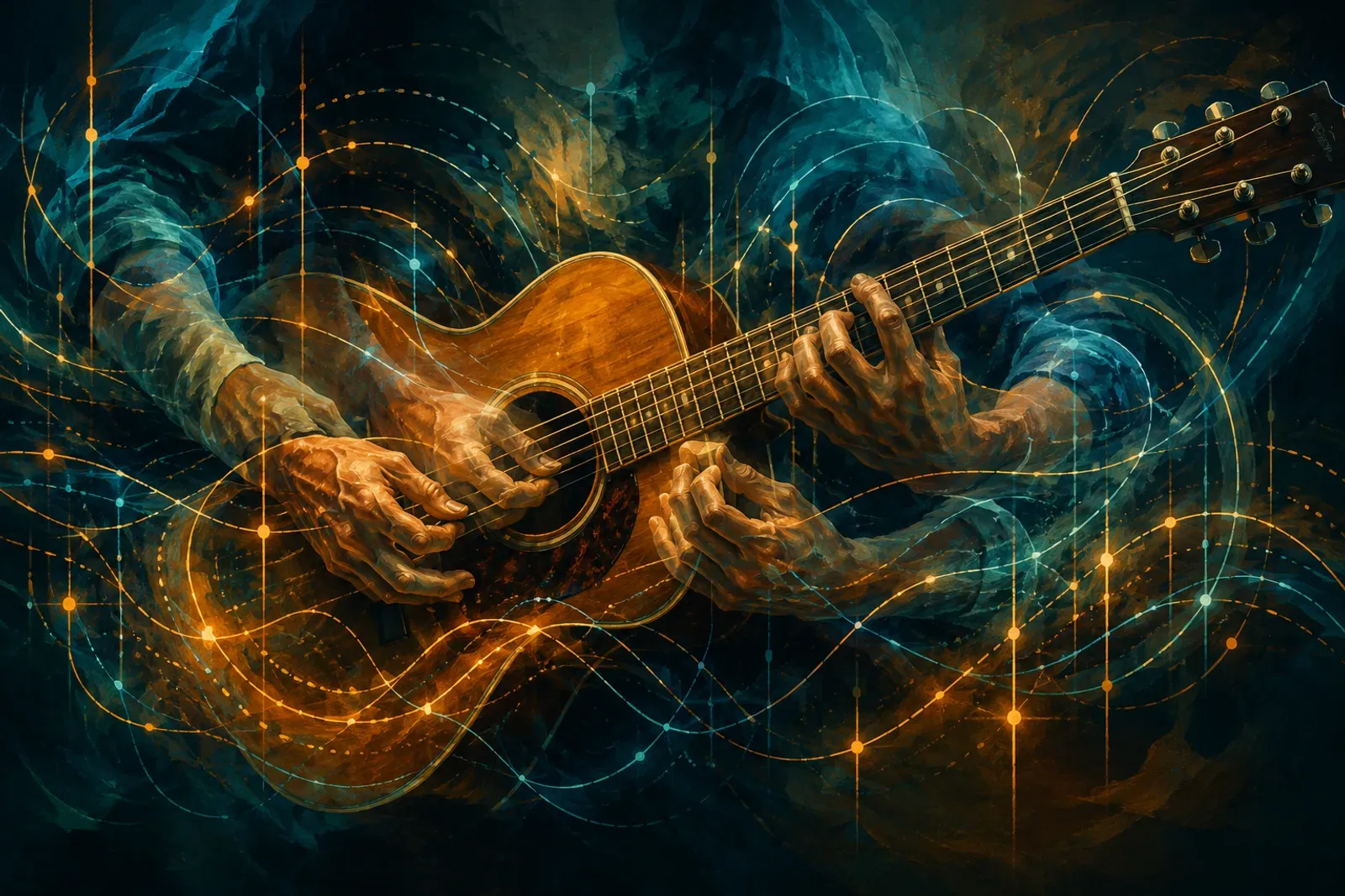 Illustration de plusieurs mains superposées jouant des motifs rythmiques différents sur une même guitare