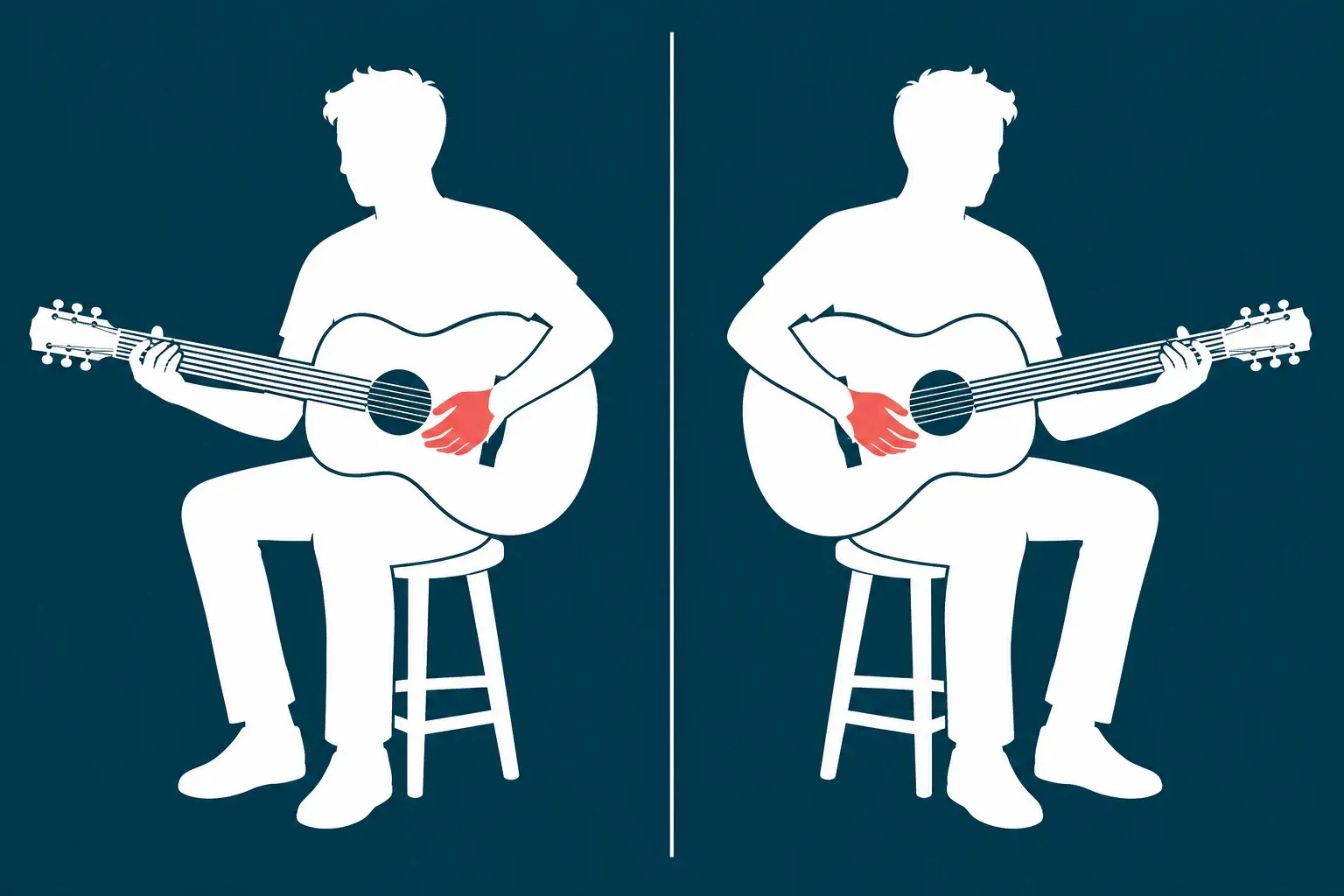 Deux guitaristes en miroir, l'un en configuration gaucher manche vers la gauche, l'autre en configuration droitier manche vers la droite, la main qui gratte en couleur
