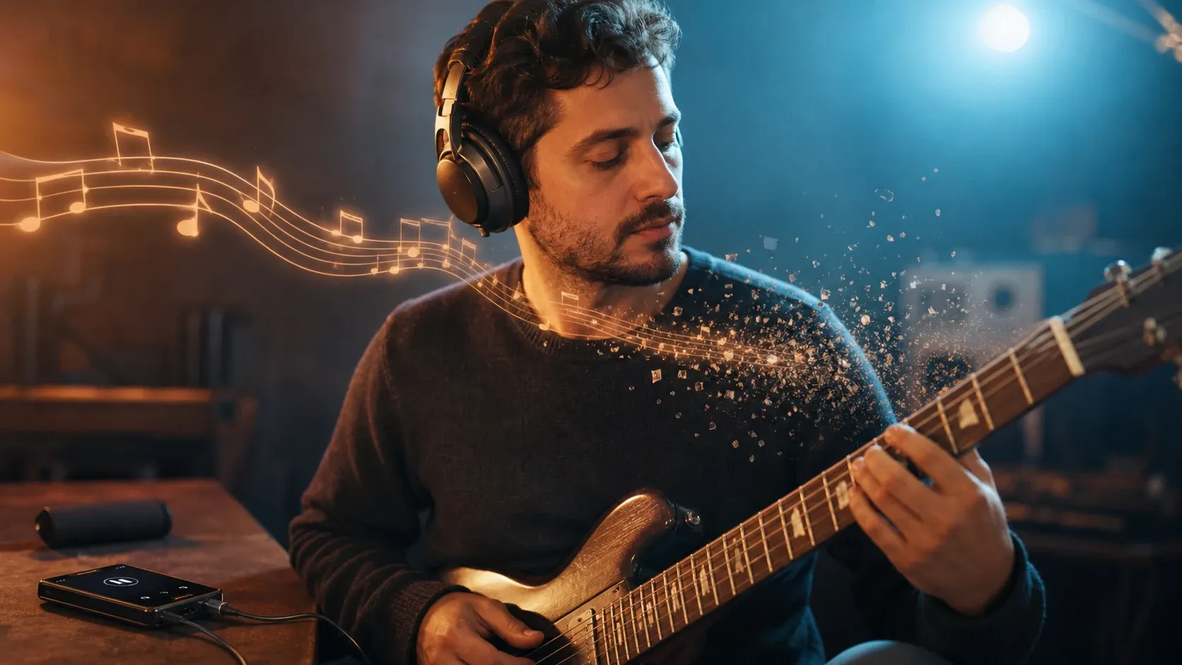 Phrase musicale qui s'efface lorsque le guitariste cherche sur le manche