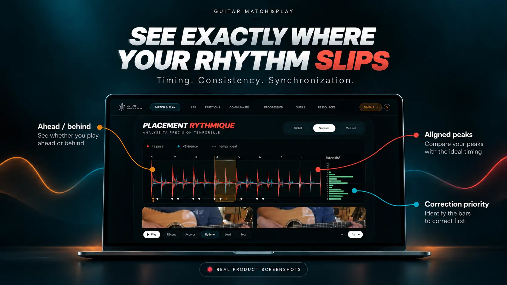 Match & Play shows precisely where timing slips: placement, consistency and synchronization