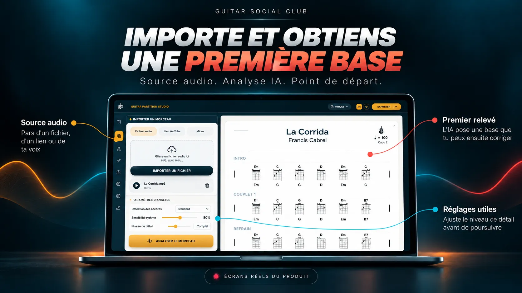 Guitar Partition Studio : import d’un morceau et premier relevé assisté par IA