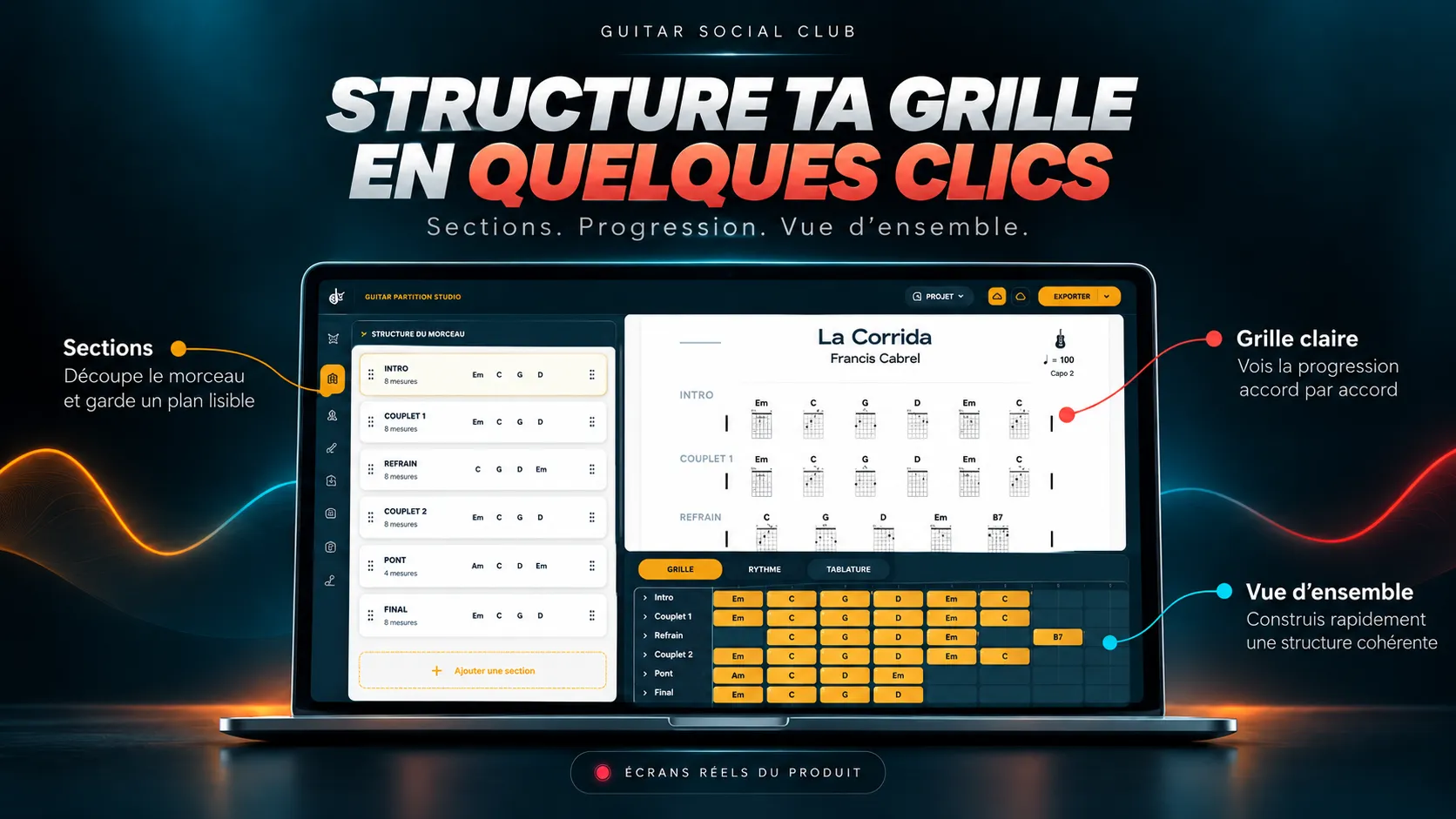 Guitar Partition Studio : structure du morceau, sections et grille d’accords