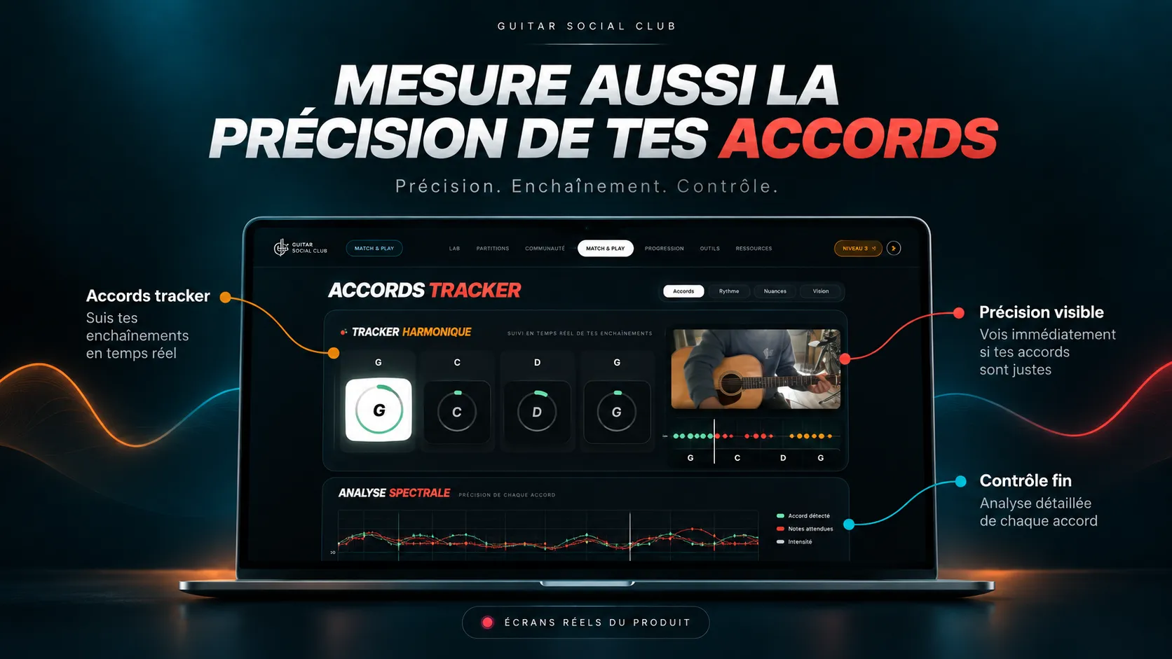 Visuel Guitar Match & Play : suivi de la précision et des enchaînements d’accords