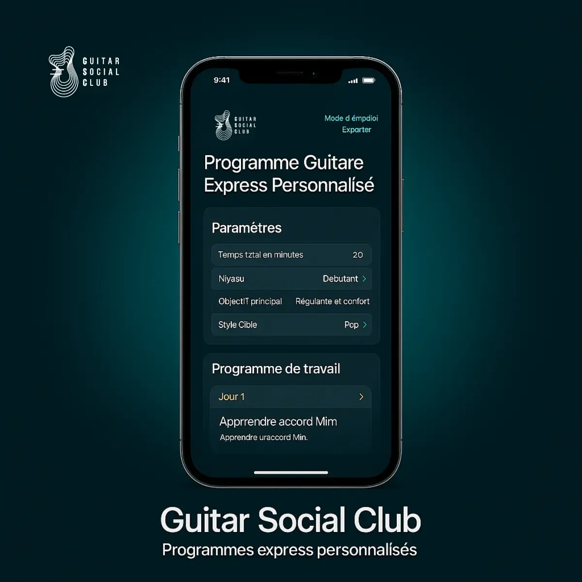 Programme guitare express personnalisé : aperçu de l'interface