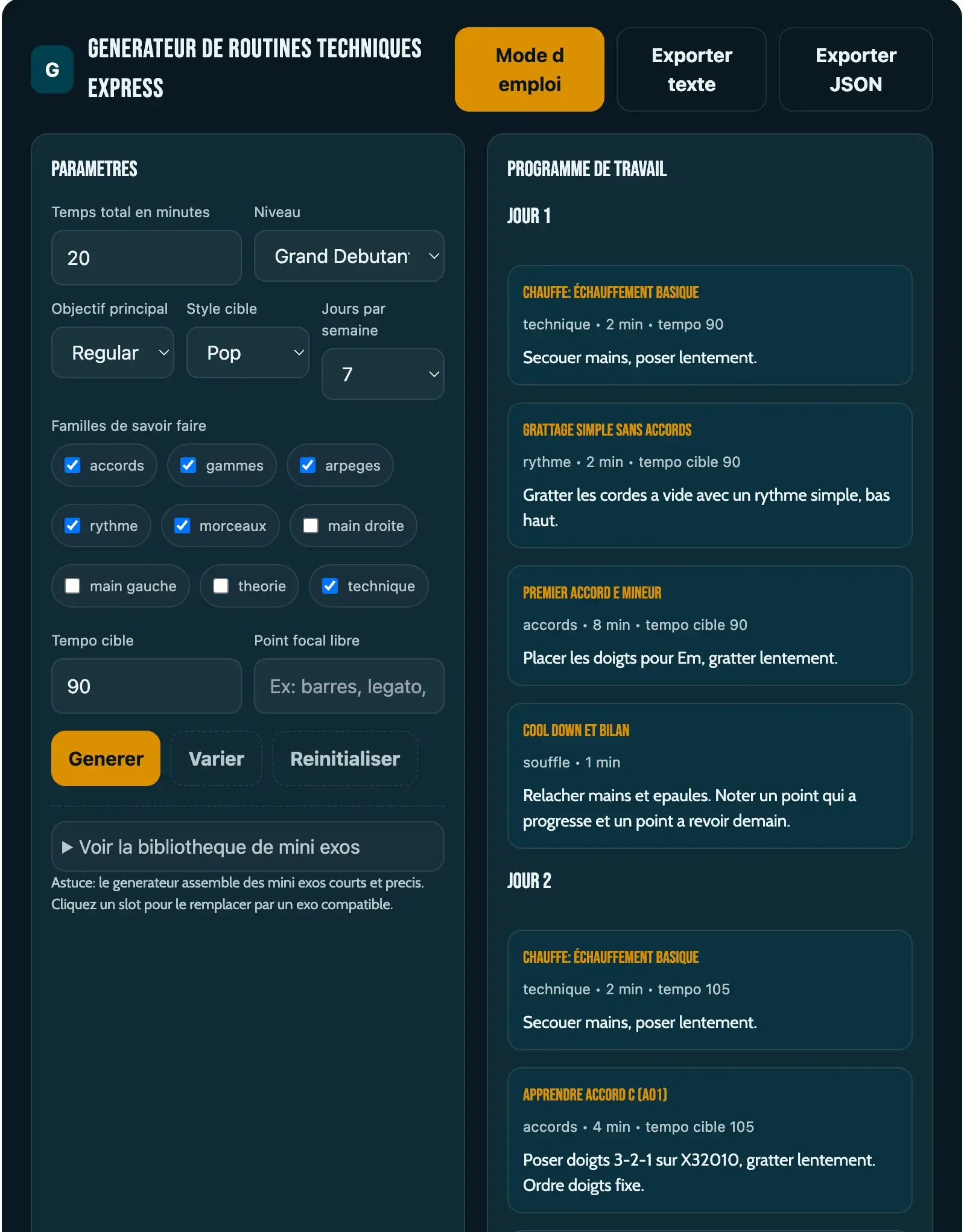 Programme guitare express personnalisé : aperçu de l'interface