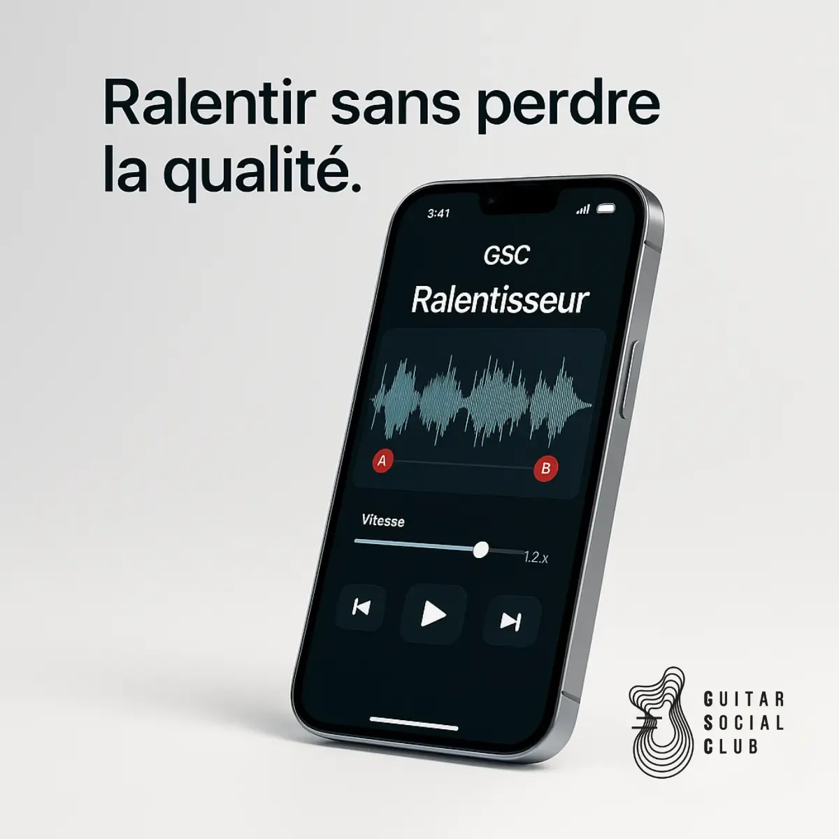 Ralentisseur audio et vidéo guitare — interface avec contrôles de vitesse et boucle A/B