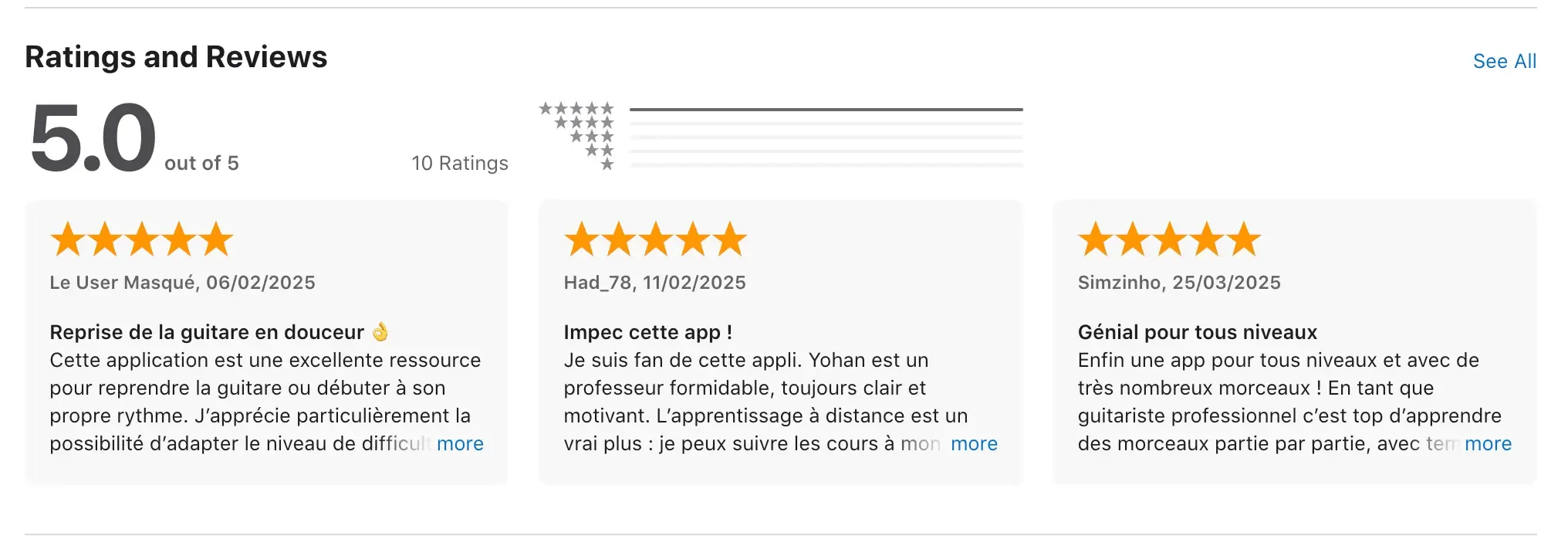 Evaluation Apple du Guitar Social Club par les utilisateurs de l'app