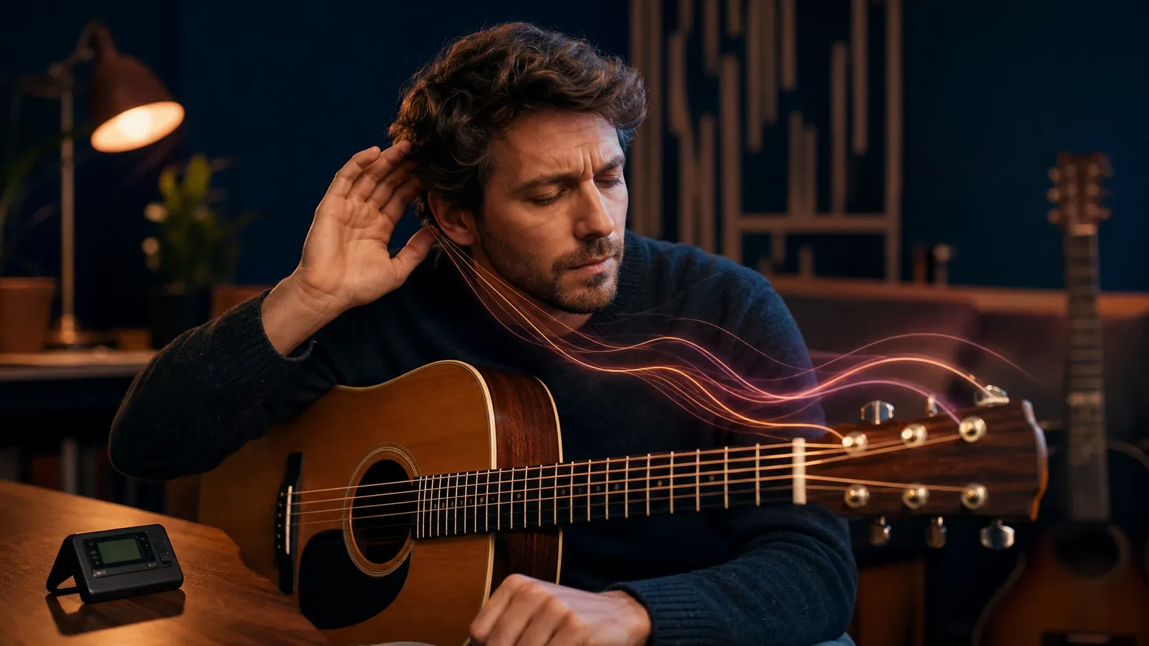 Guitariste écoutant attentivement les résonances des six cordes