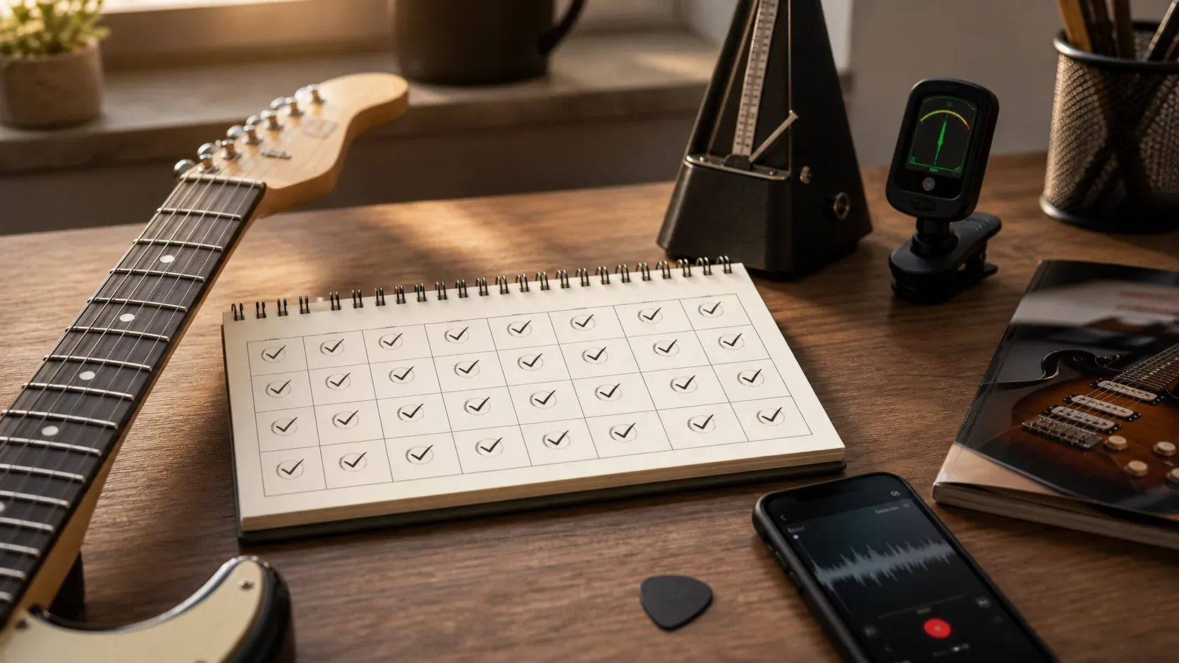 Calendrier de pratique guitare sur 30 jours avec métronome, accordeur et guitare