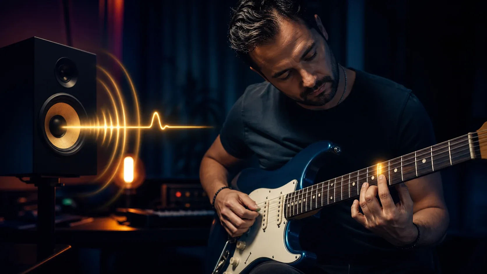 Guitariste cherchant sur le manche une note entendue