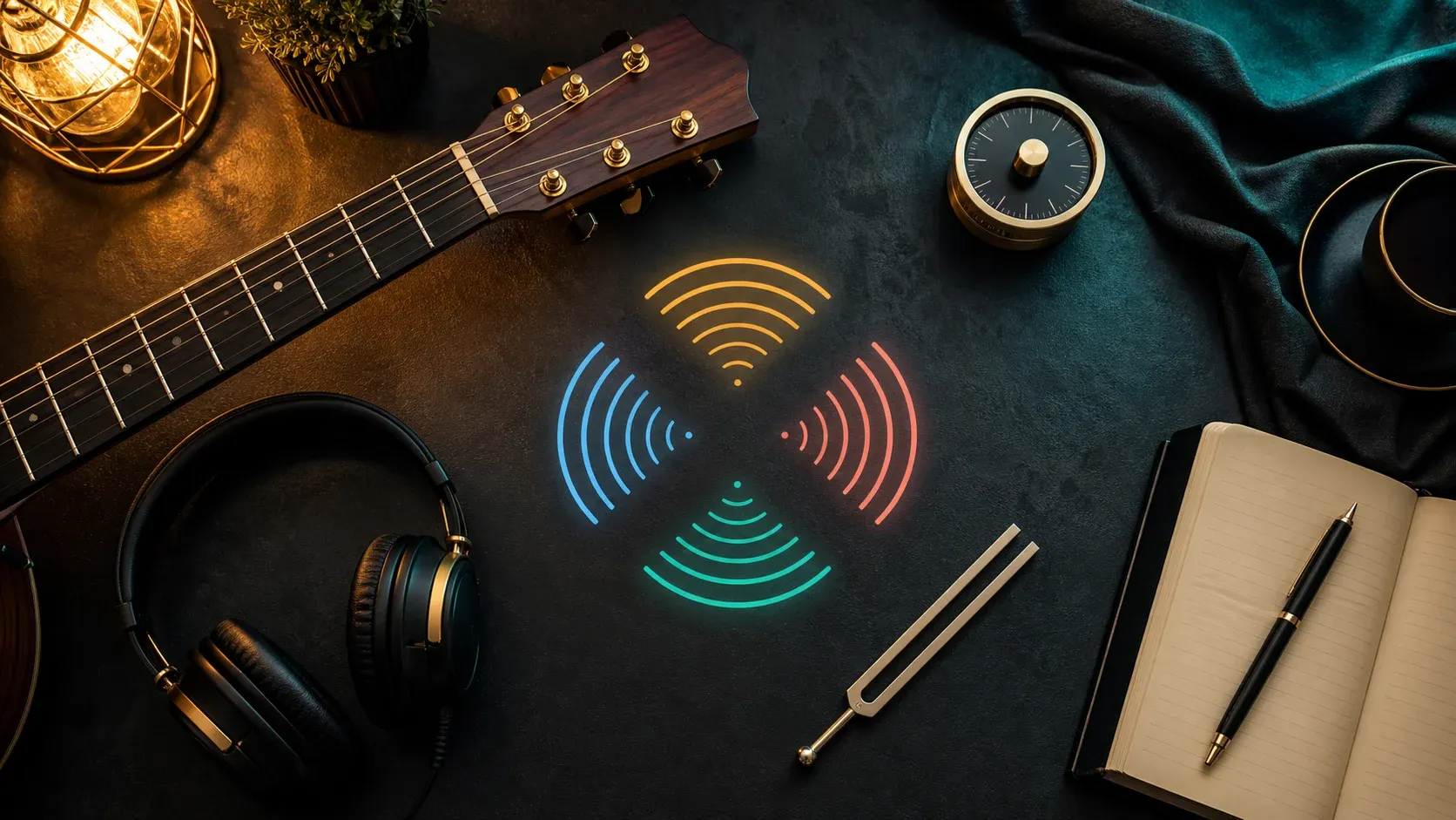 Guitare, casque, minuteur et carnet préparés pour une routine d'écoute