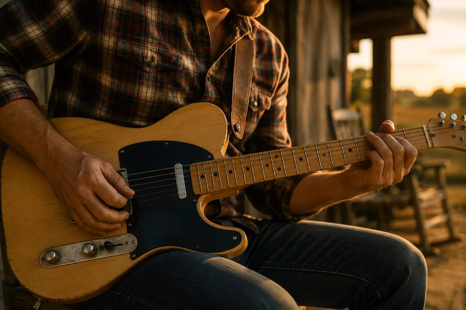 Guitariste en chemise à carreaux jouant une Telecaster, ambiance americana au coucher du soleil