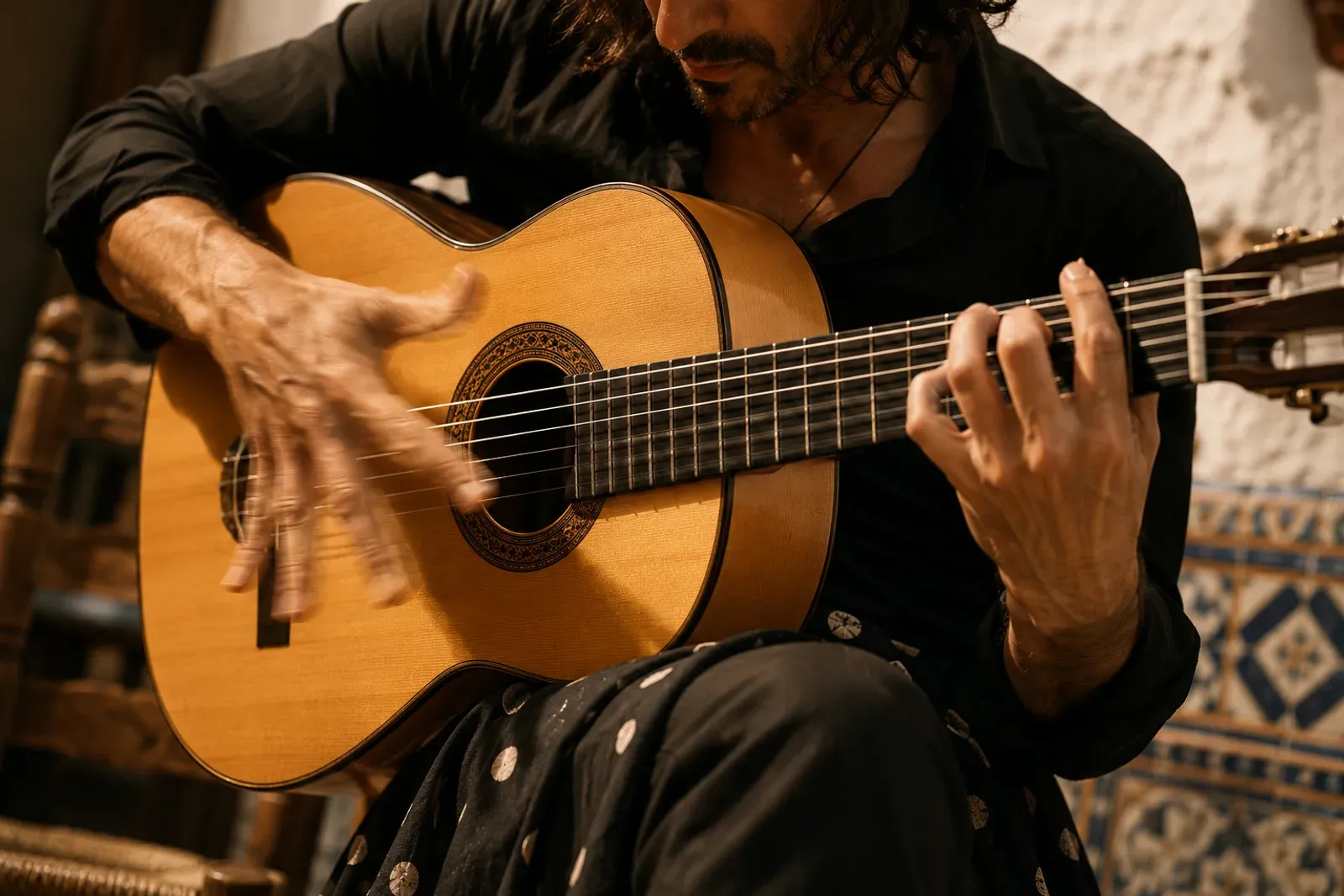 Guitariste flamenco en pleine rasgueado, flou de mouvement sur les doigts