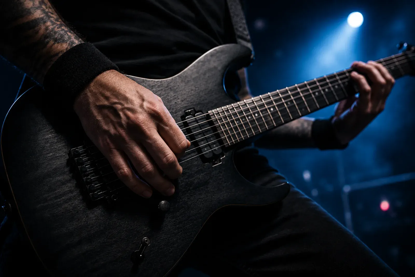 Guitariste en palm mute sur une guitare à corps sombre, lumière froide de scène metal