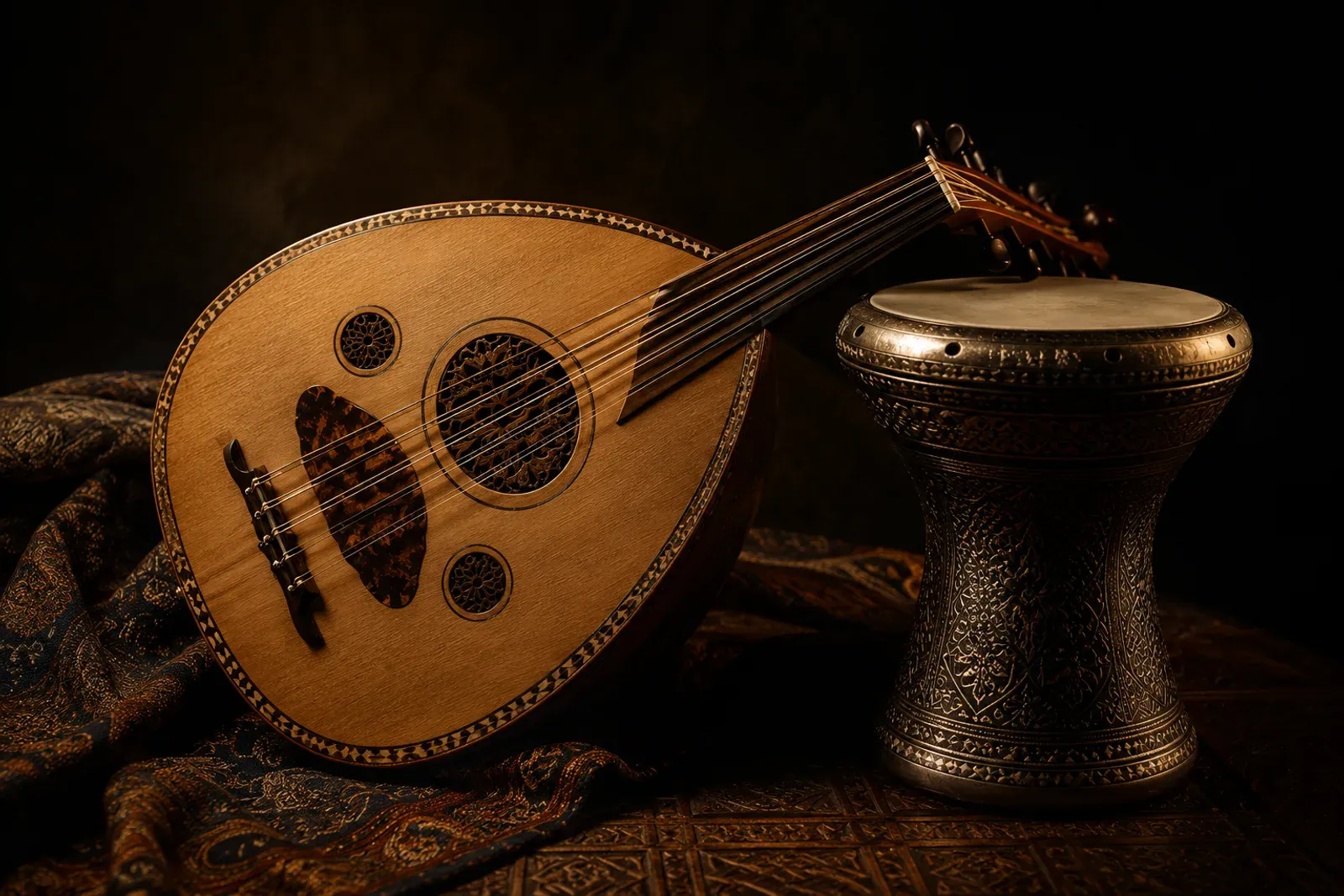 Oud posé à côté d'une derbouka orientale, nature morte en clair-obscur