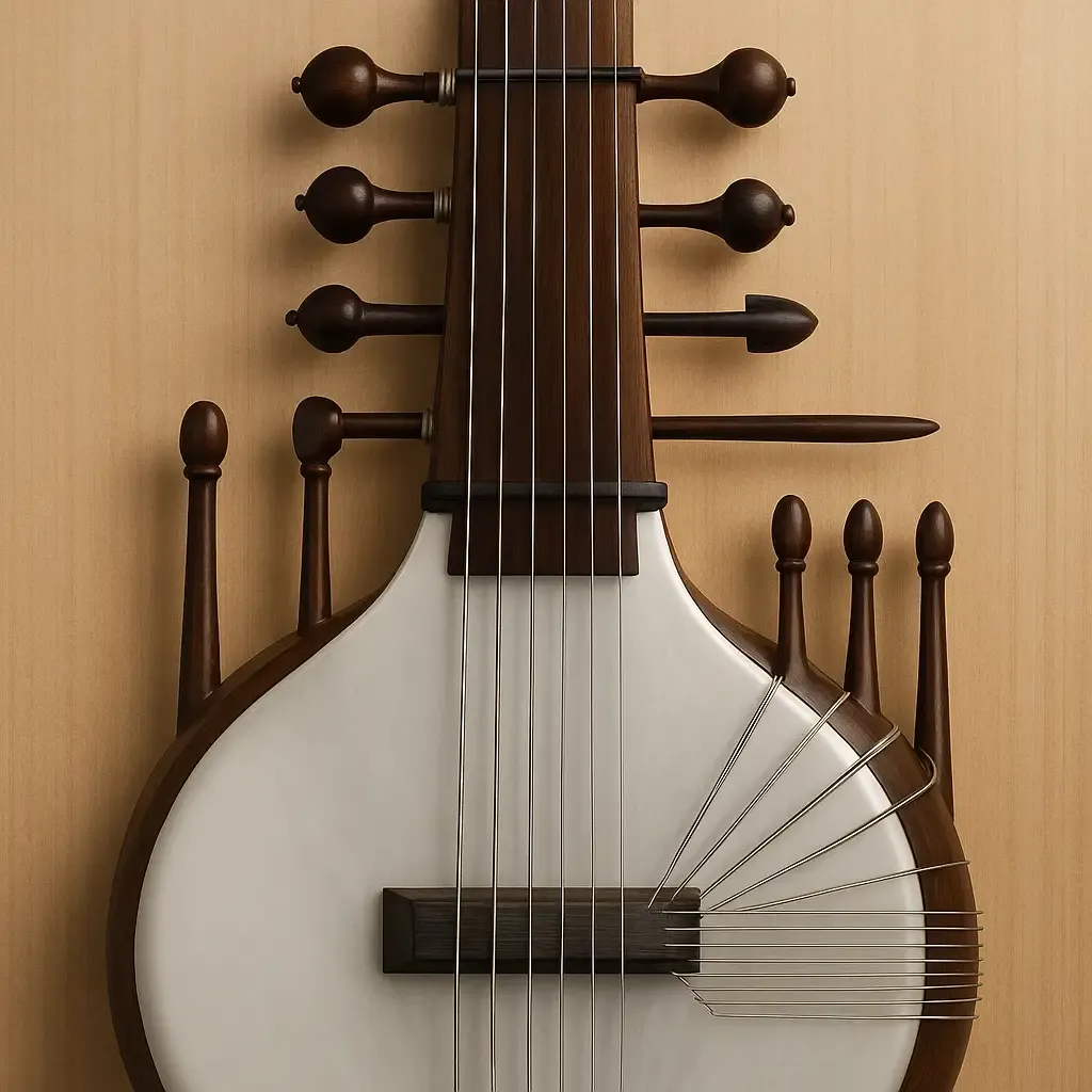 Détail de sarod : chikari, cordes sympathiques et chevalet large