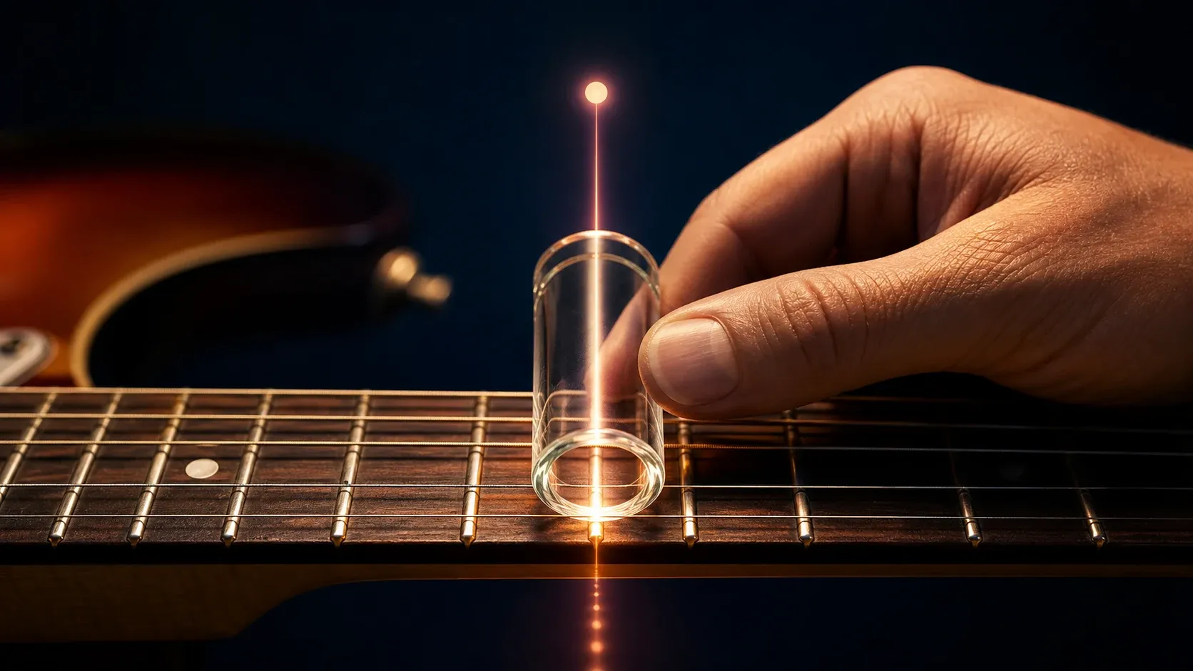 Bottleneck aligné précisément au-dessus d'une frette de guitare