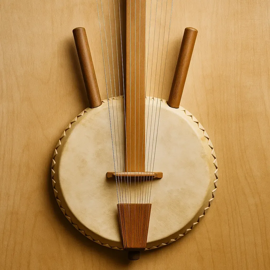 Harpe africaine traditionnelle : calebasse décorée et peau tendue