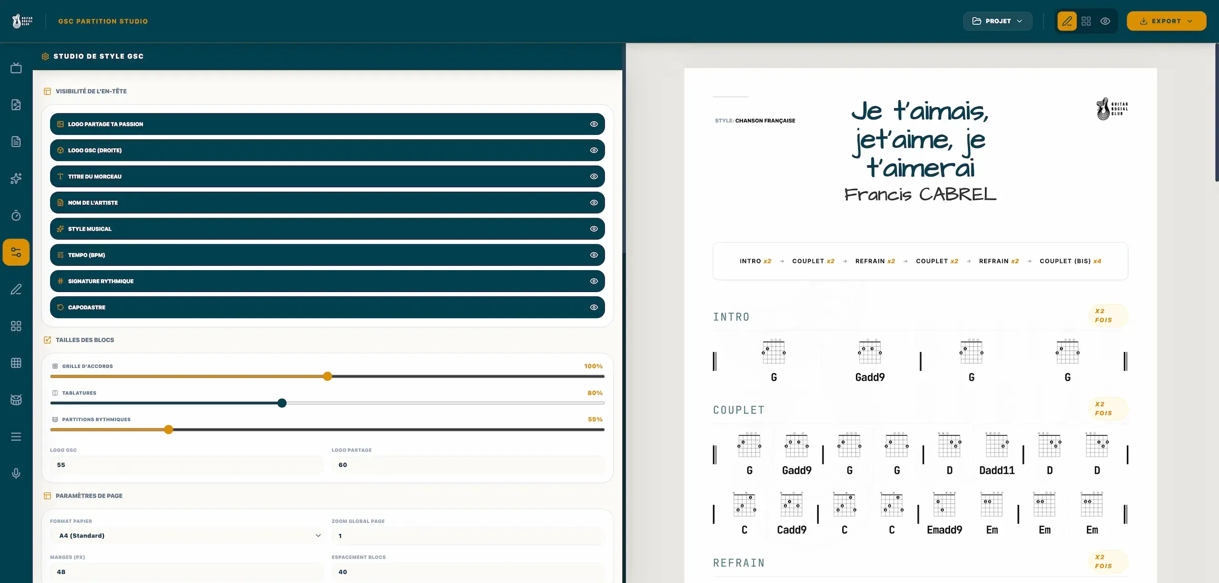 ecrire une grille d'accords guitare avec une mise en page claire dans Guitar Partition Studio