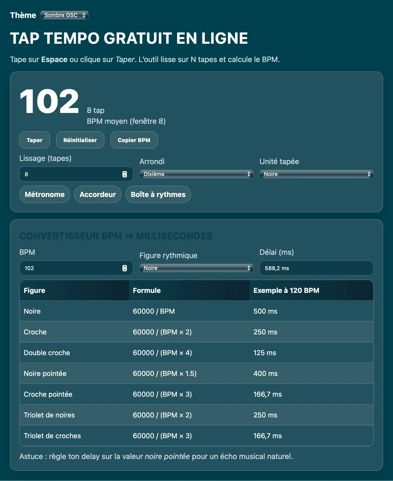 Tap Tempo Guitar Social Club : écran de l'outil pour trouver le BPM