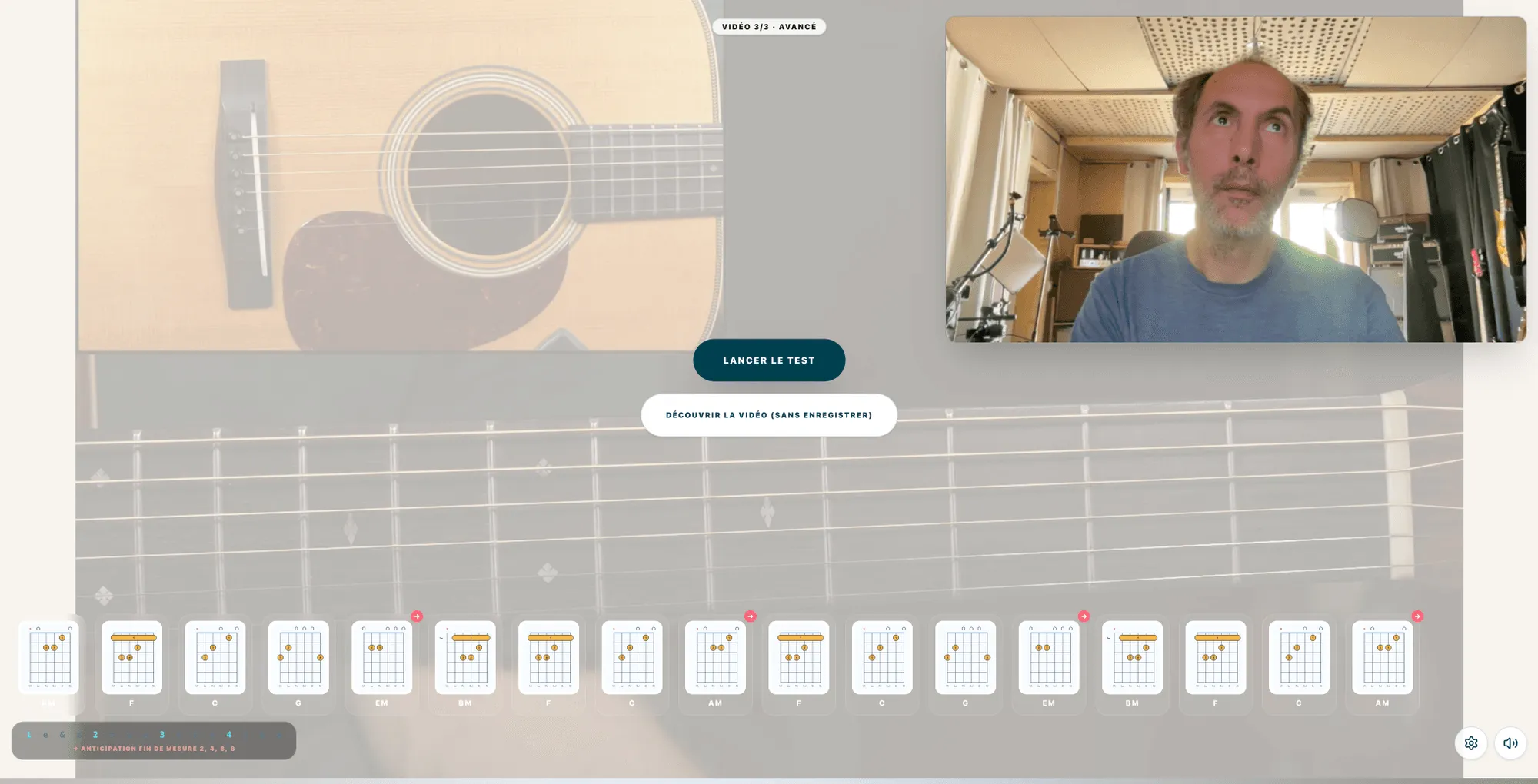 Écran de lancement du test niveau guitare avec vidéo témoin
