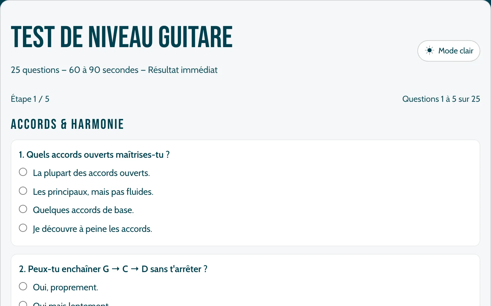 Aperçu du questionnaire test de niveau guitare : 25 questions en 5 étapes avec résultat immédiat