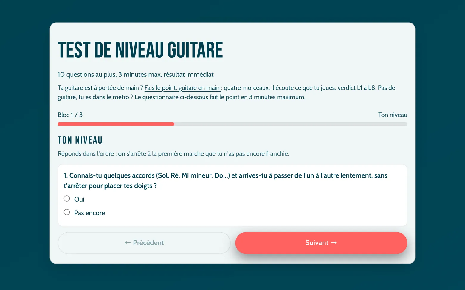 Aperçu du questionnaire de niveau guitare, avec résultat immédiat