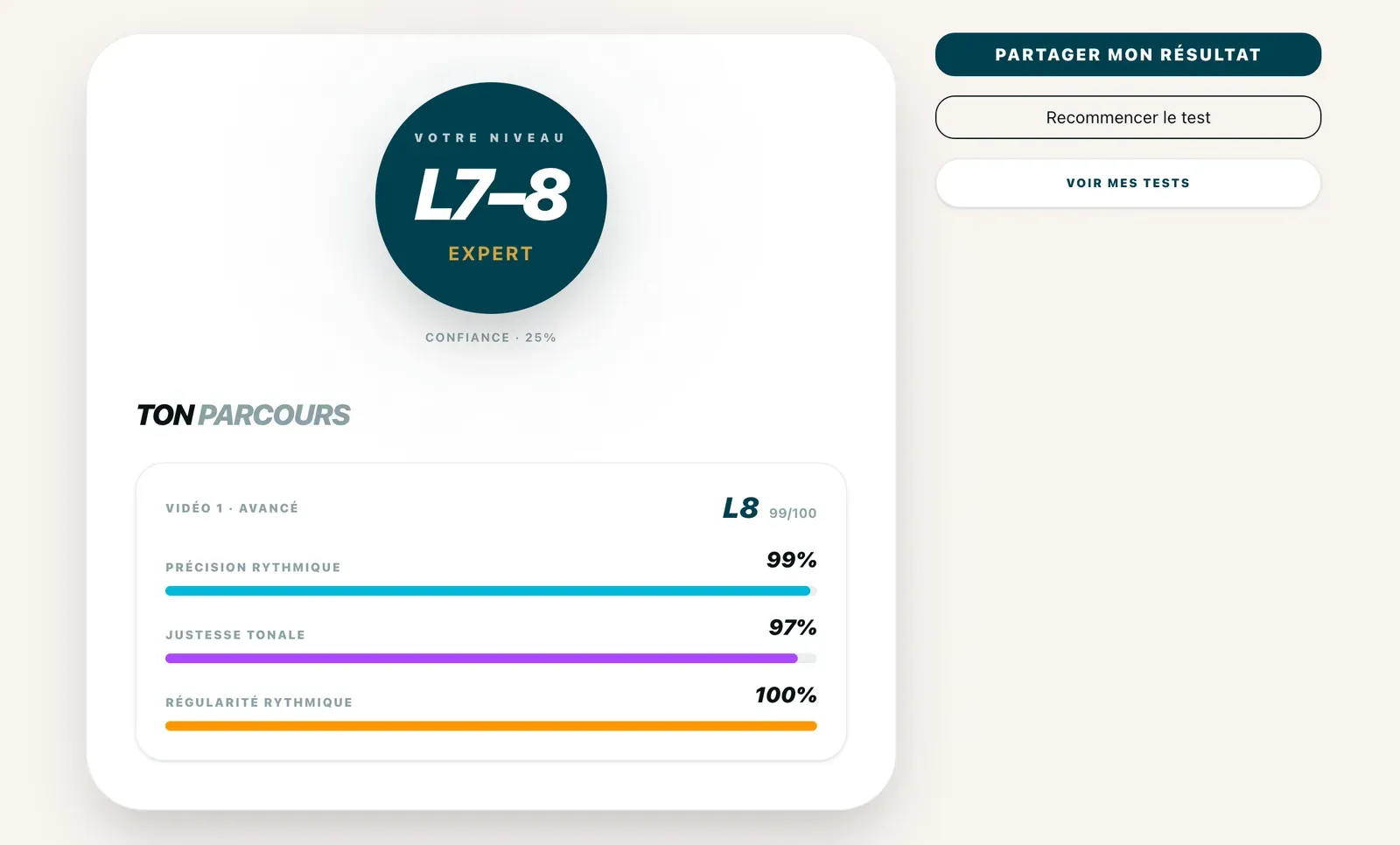 Page de résultat du test : verdict de niveau L7-8 Expert avec indice de confiance, et le détail de la prise avec précision rythmique, justesse tonale et régularité rythmique