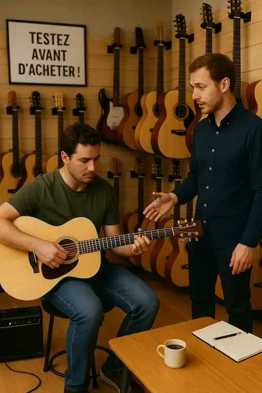 Guitariste testant une guitare en magasin de musique