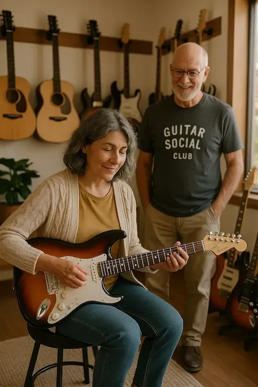 Débutant testant une guitare en magasin pour trouver son style