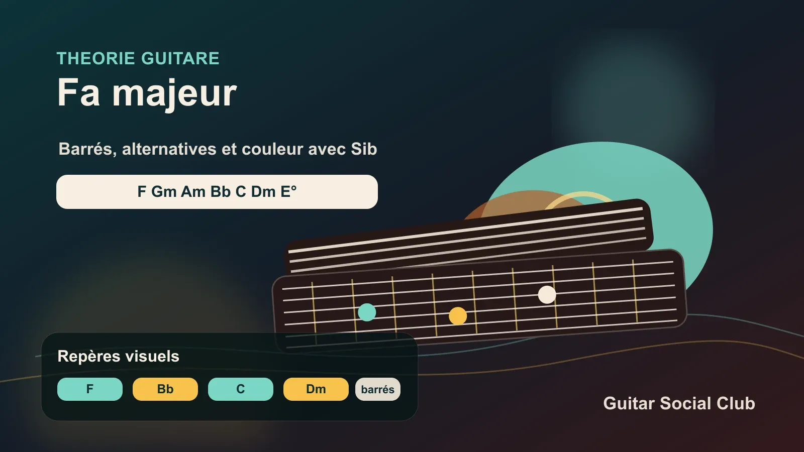 Repères de Fa majeur à la guitare avec accords, barrés et positions utiles sur le manche.