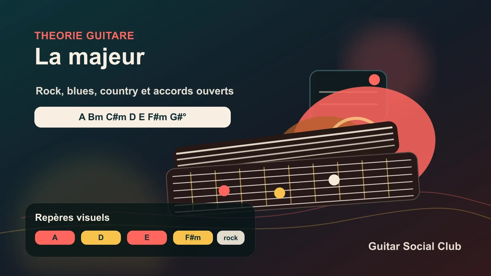 Tonalité de La majeur à la guitare avec accords, repères rock, blues et positions sur le manche.