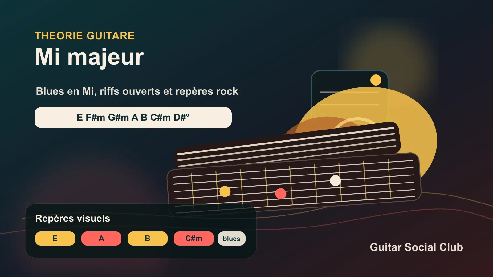 Tonalité de Mi majeur à la guitare avec accords ouverts, blues, rock et repères de manche.