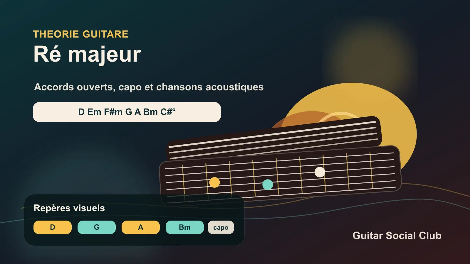 Tonalité de Ré majeur à la guitare avec accords ouverts, capo, chansons et repères de progression.