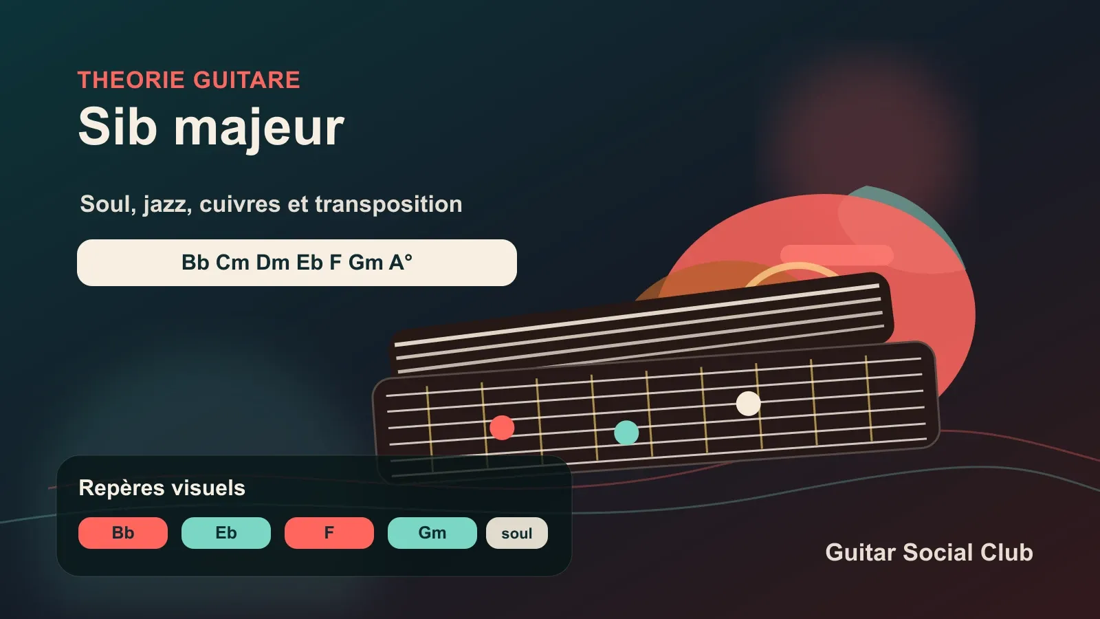 Tonalité de Sib majeur à la guitare avec accords barrés, voicings soul et repères de transposition.