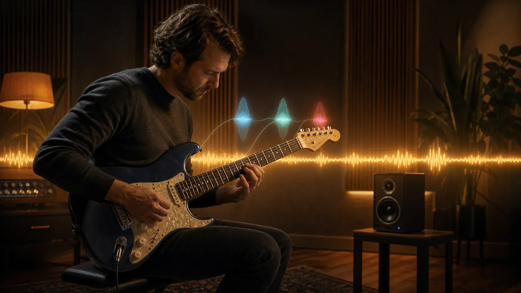 Guitariste travaillant son oreille avec une note drone stable