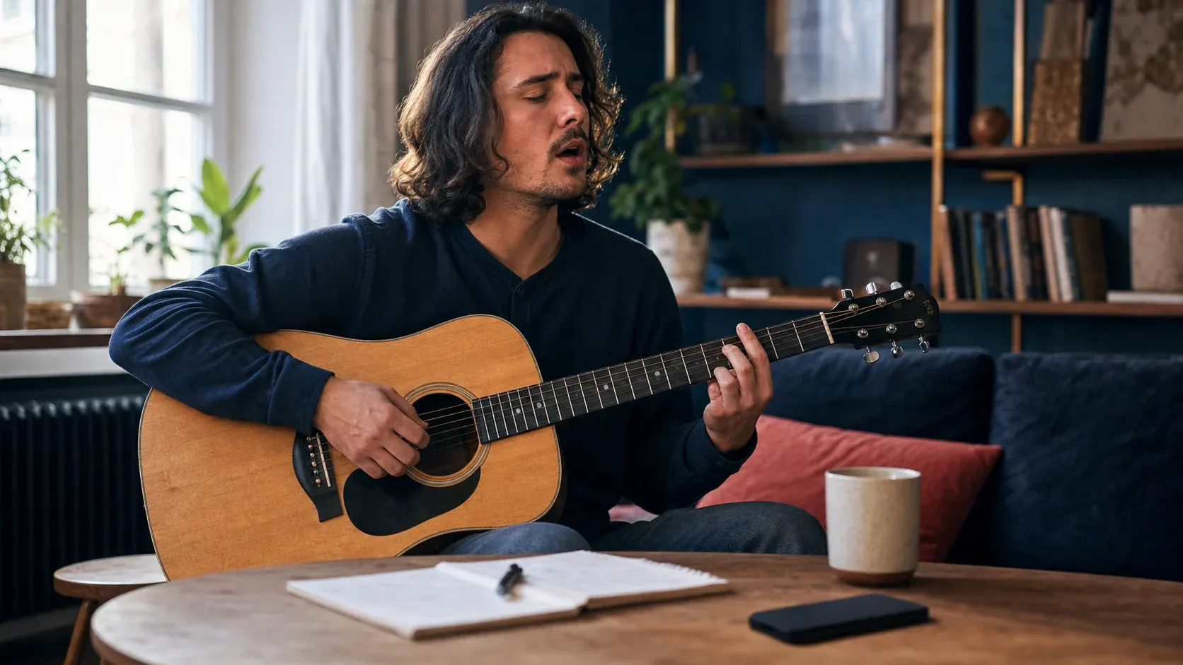 Musicien travaillant son oreille avec sa voix et sa guitare, smartphone posé à distance