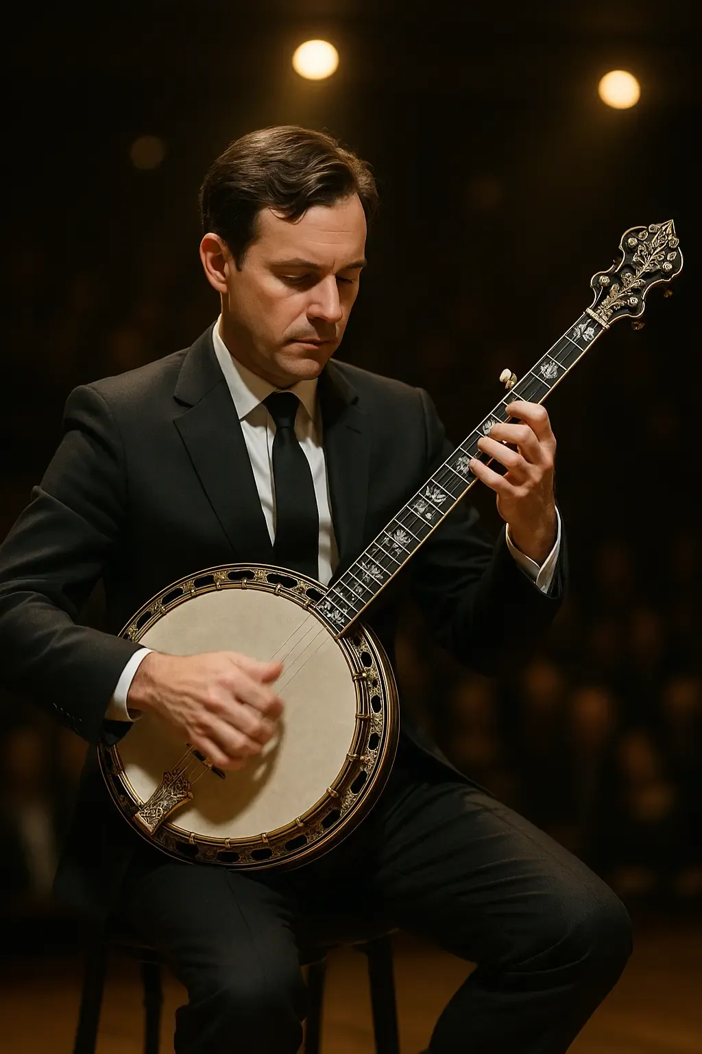 Détails tête de banjo : mécanique 5e corde et repères Open G gDGBD