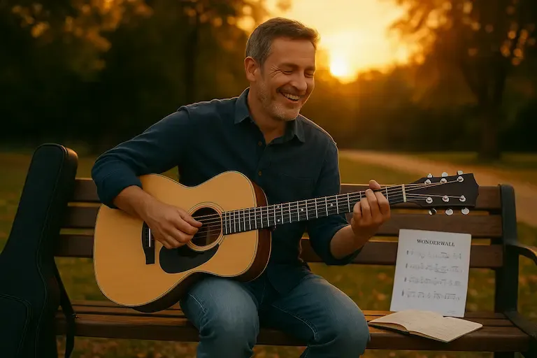 Éric jouant Help! sur sa guitare acoustique