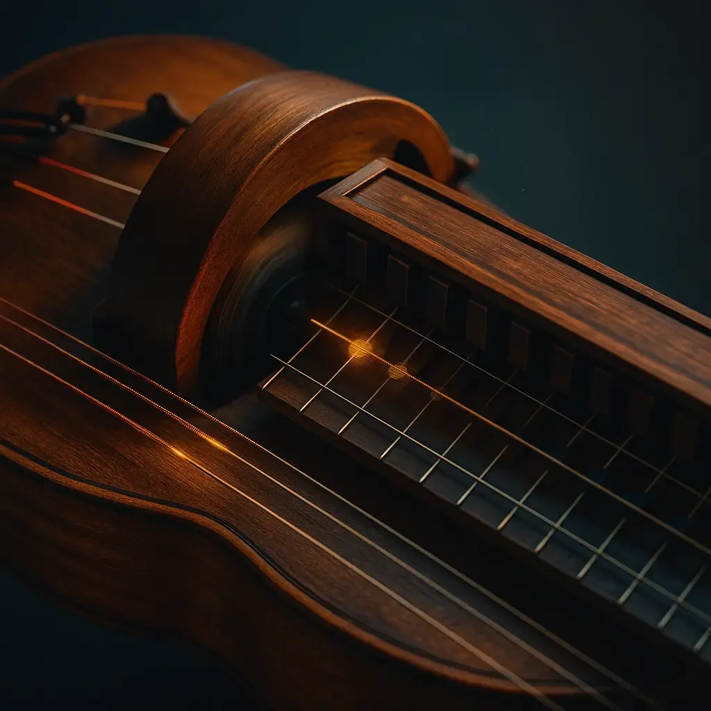 Détail vielle à roue : roue, clavier, bourdons et cordes mélodiques