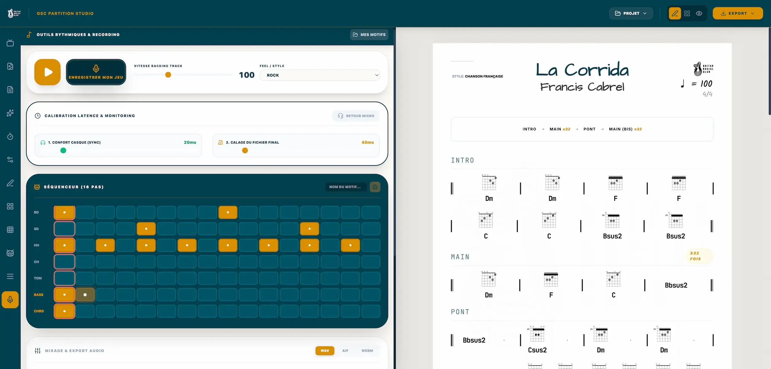 Vue principale Guitar Partition Studio avec restitution audio