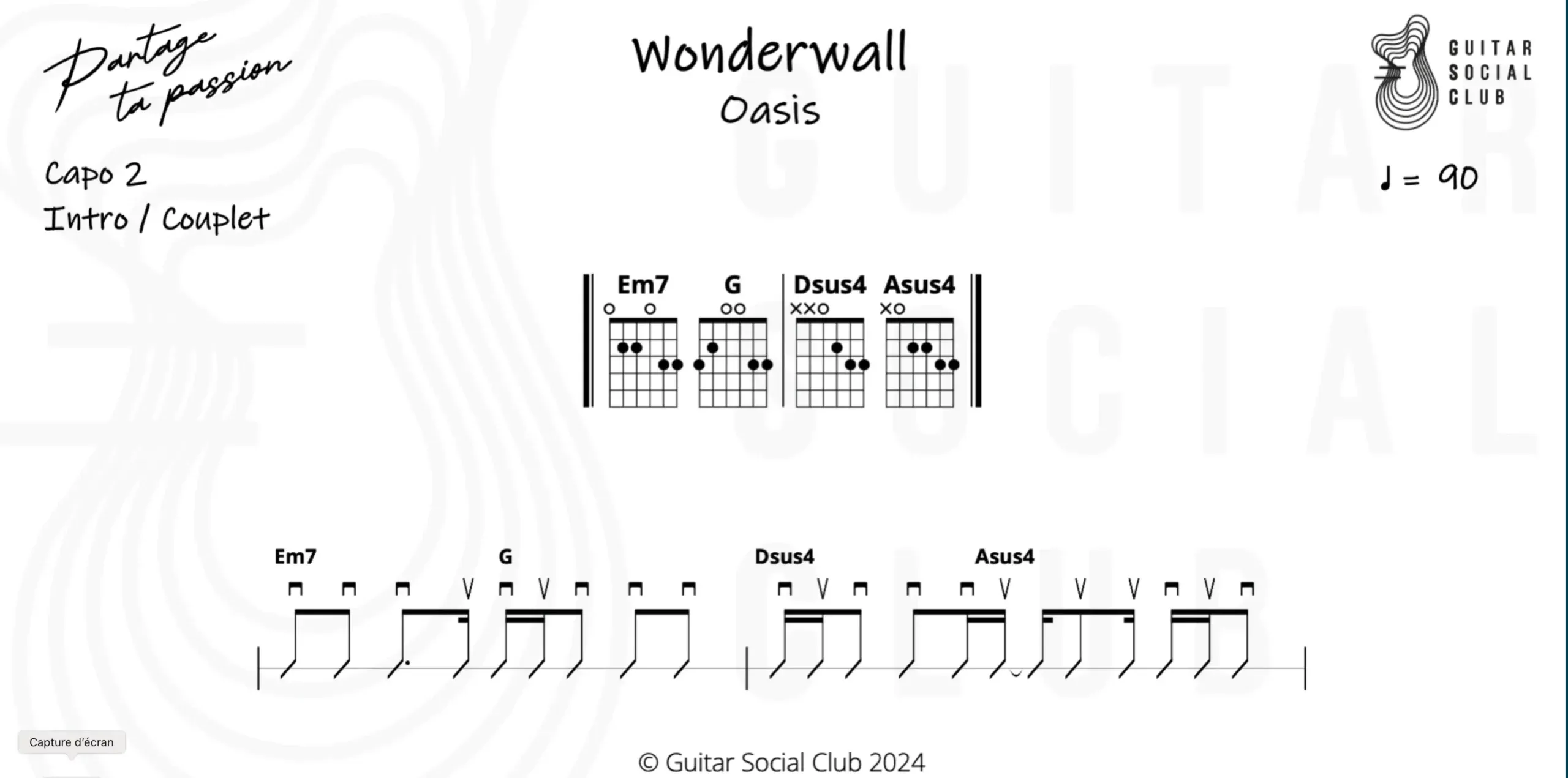 Partition du couplet de Wonderwall par Guitar Social Club