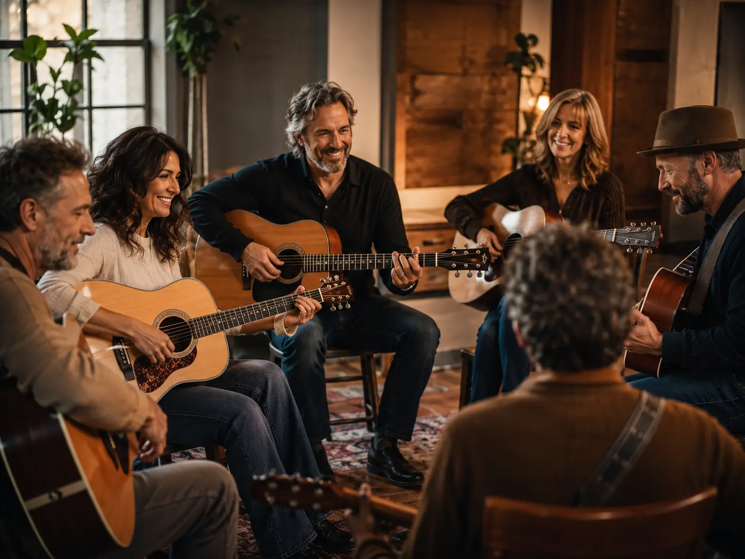 Plusieurs guitaristes adultes qui jouent ensemble pendant une rencontre Guitar Social Club