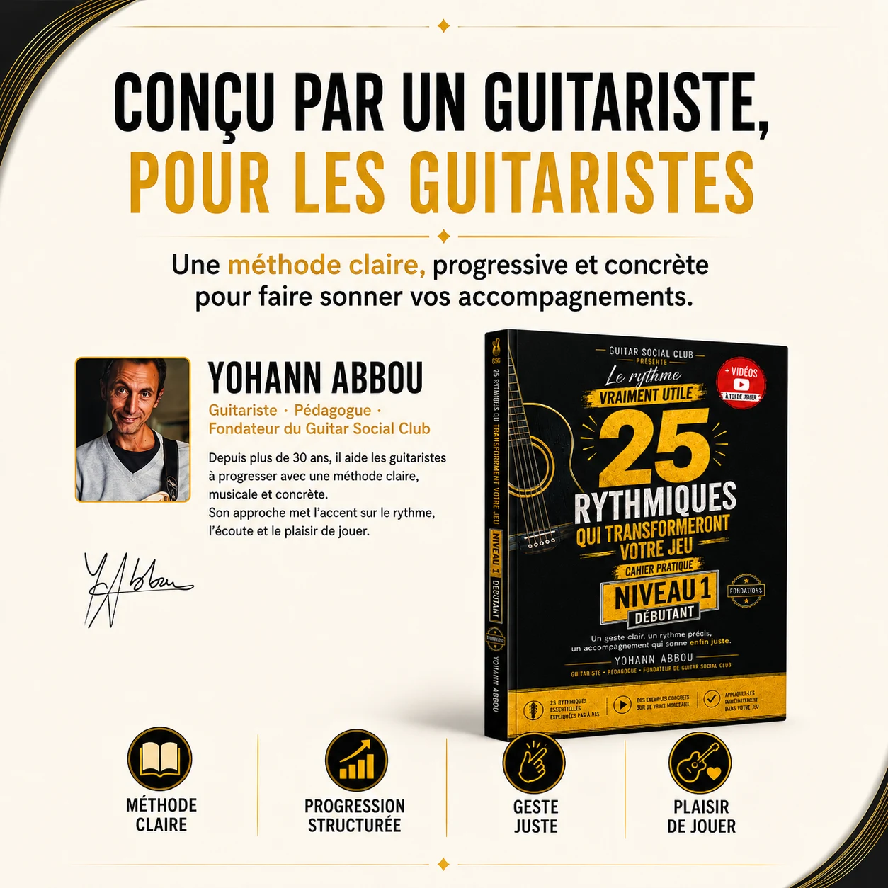 Méthode 25 rythmiques conçue par Yohann Abbou pour les guitaristes avec progression structurée et geste juste