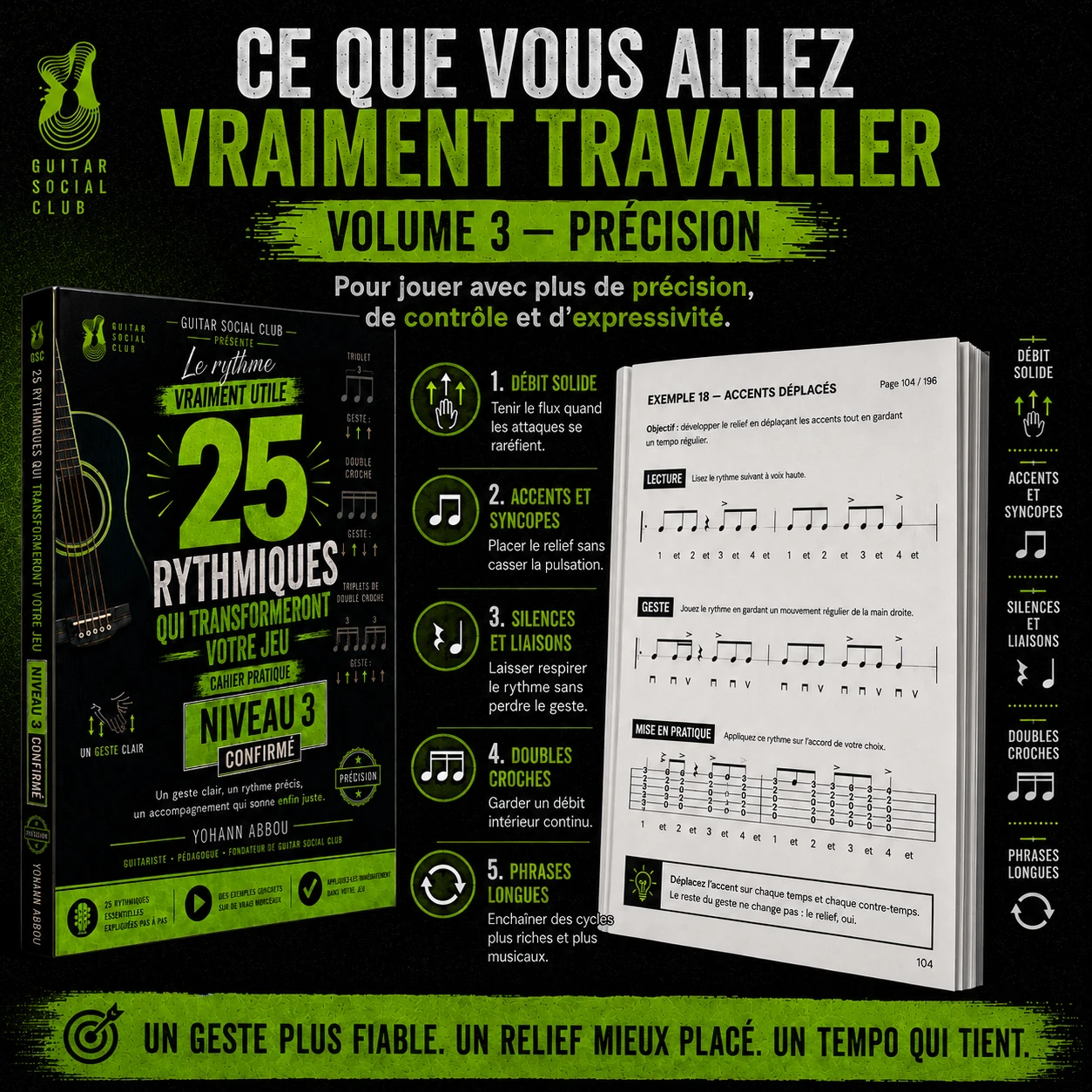 Programme du volume 3 avec contretemps, ostinatos, phrases évolutives, liaisons pop-rock et rythmiques percussives