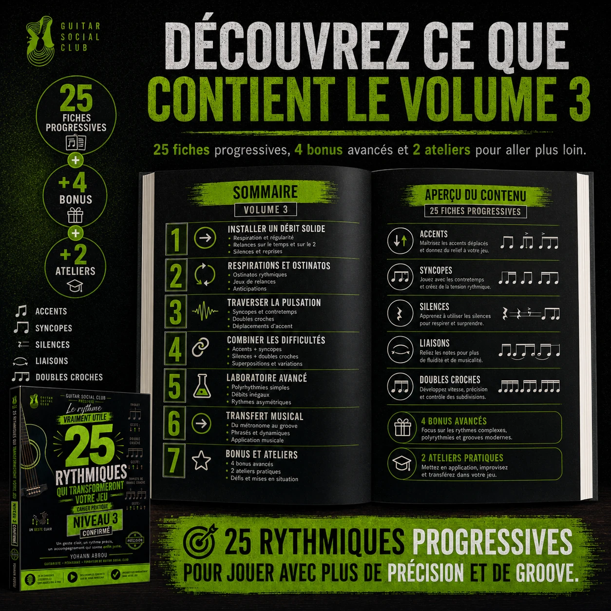 Sommaire réel du volume 3 avec vingt-cinq fiches confirmées, bonus avancés et ateliers de mise en pratique