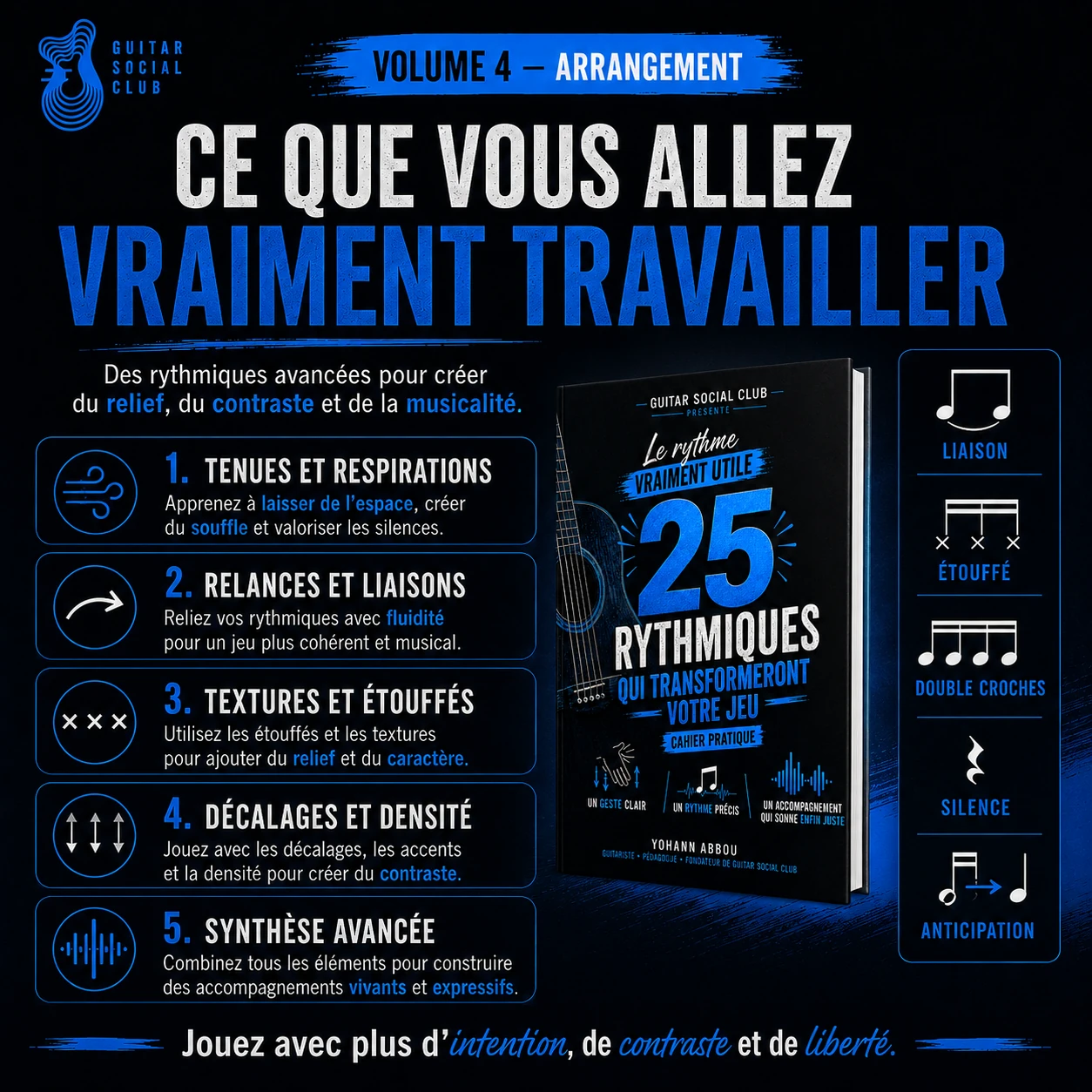 Programme du volume 4 avec enrichissements rythmiques, variations d'accompagnement et précision du jeu avancé