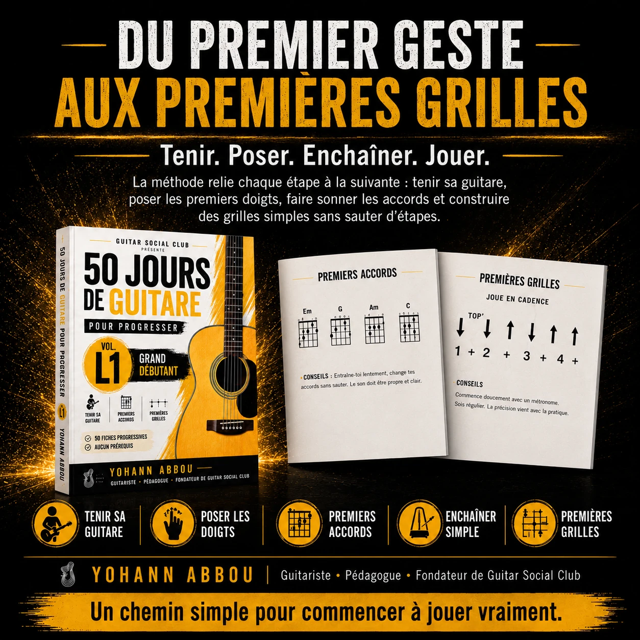 Programme du volume 1 pour apprendre la guitare depuis zéro avec posture, médiator, accordage et premiers accords
