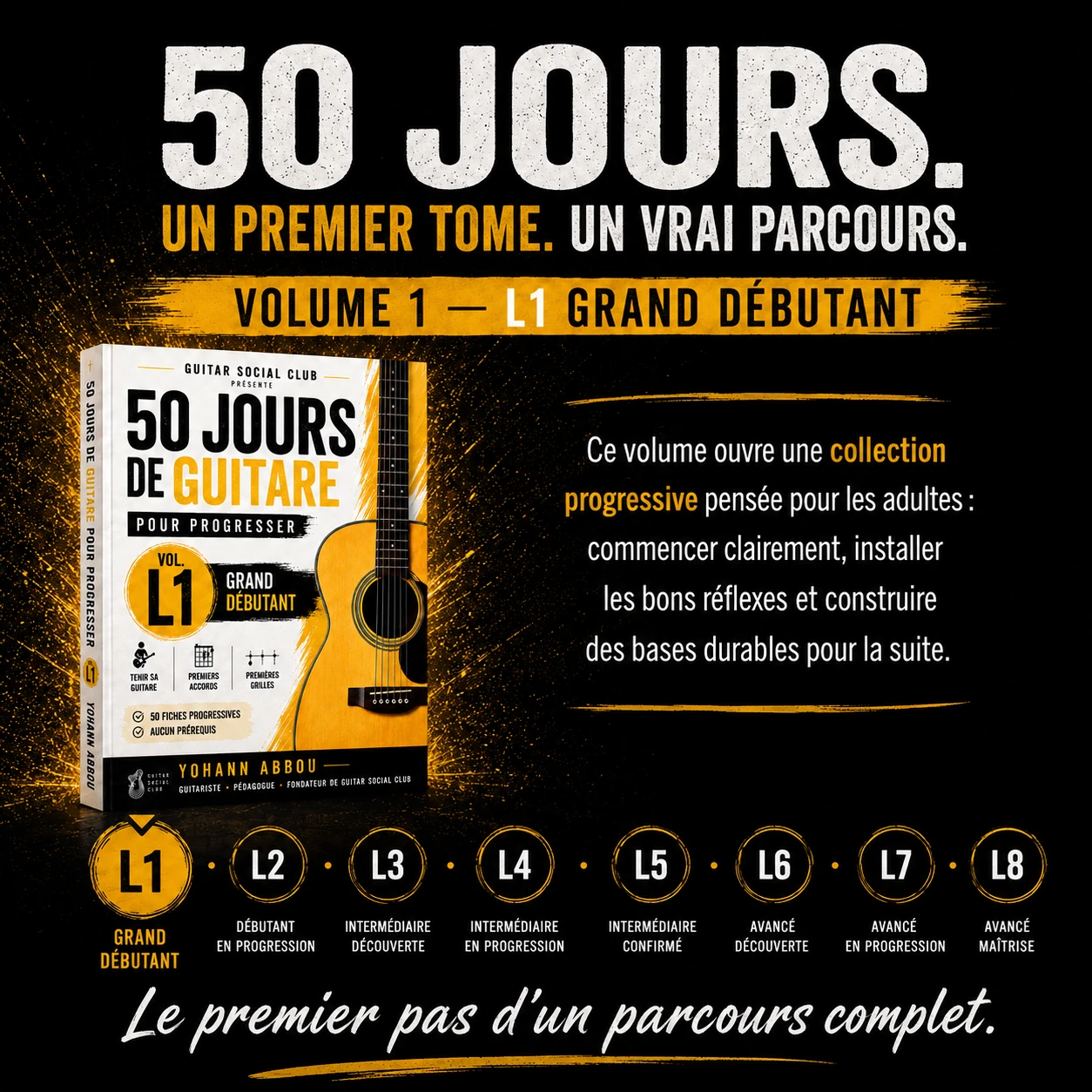 Volume 1 conçu par Yohann Abbou pour aider les grands débutants à commencer la guitare avec méthode